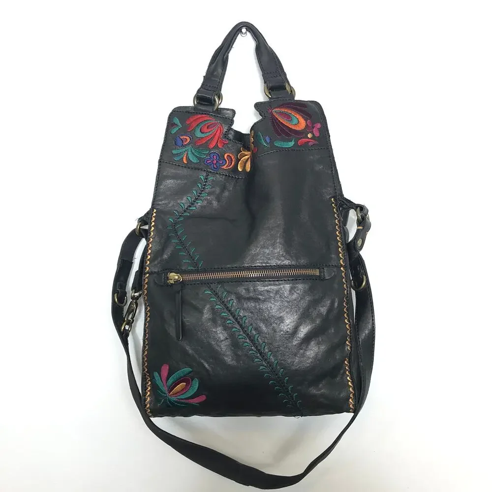 Lucky Brand Abbey Road Lambs Leather Embroidered Cross Body Tote Black